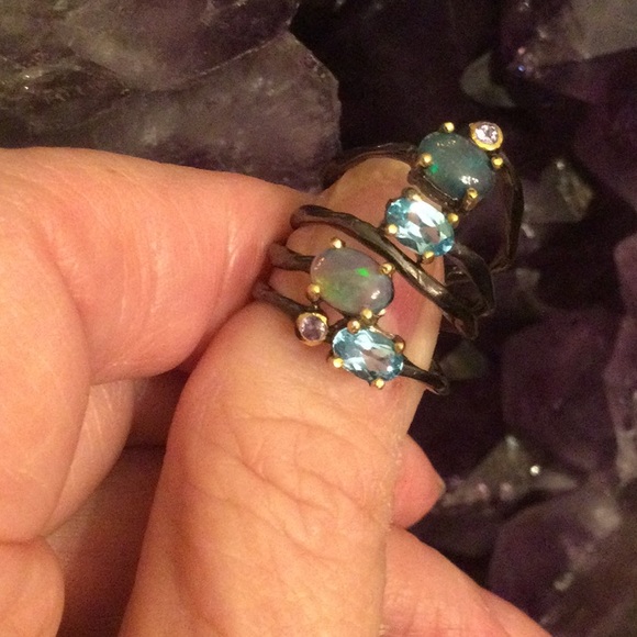 Genuine Opals & Blue Topaz Ring - Picture 10 of 14